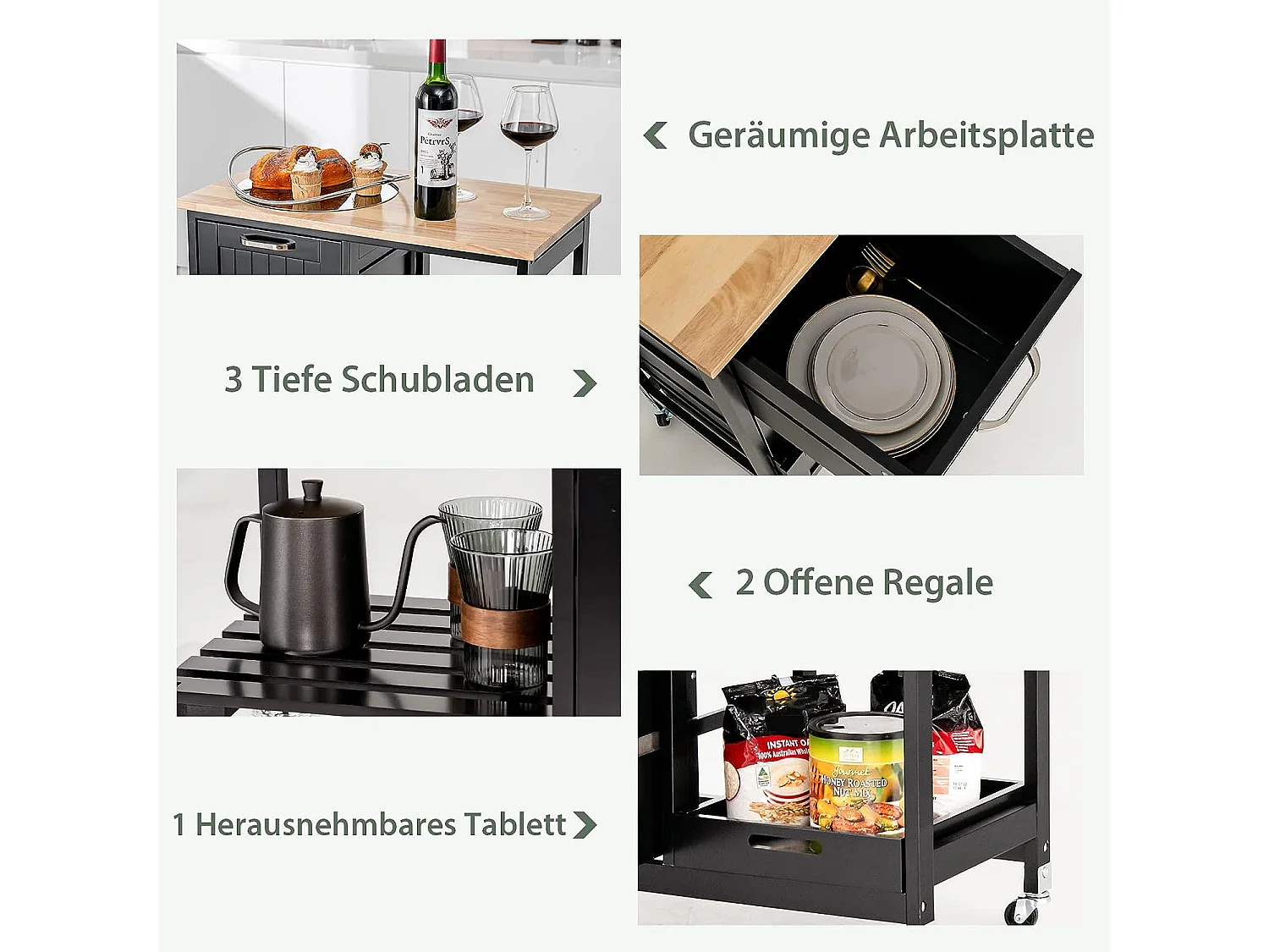 Mehrzweckwagen Kücheninsel auf Rädern mit Stauraum 67 x 37 x 84 cm Schwarz