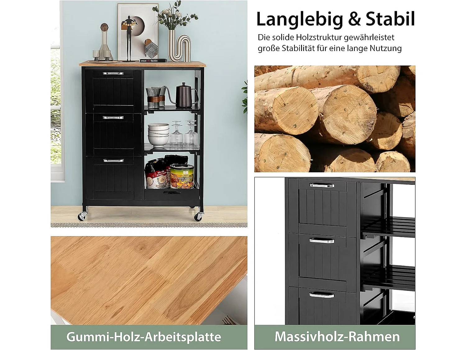 Mehrzweckwagen Kücheninsel auf Rädern mit Stauraum 67 x 37 x 84 cm Schwarz