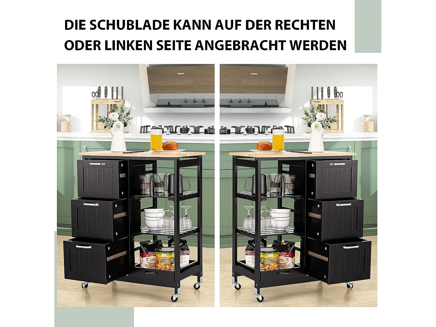 Mehrzweckwagen Kücheninsel auf Rädern mit Stauraum 67 x 37 x 84 cm Schwarz