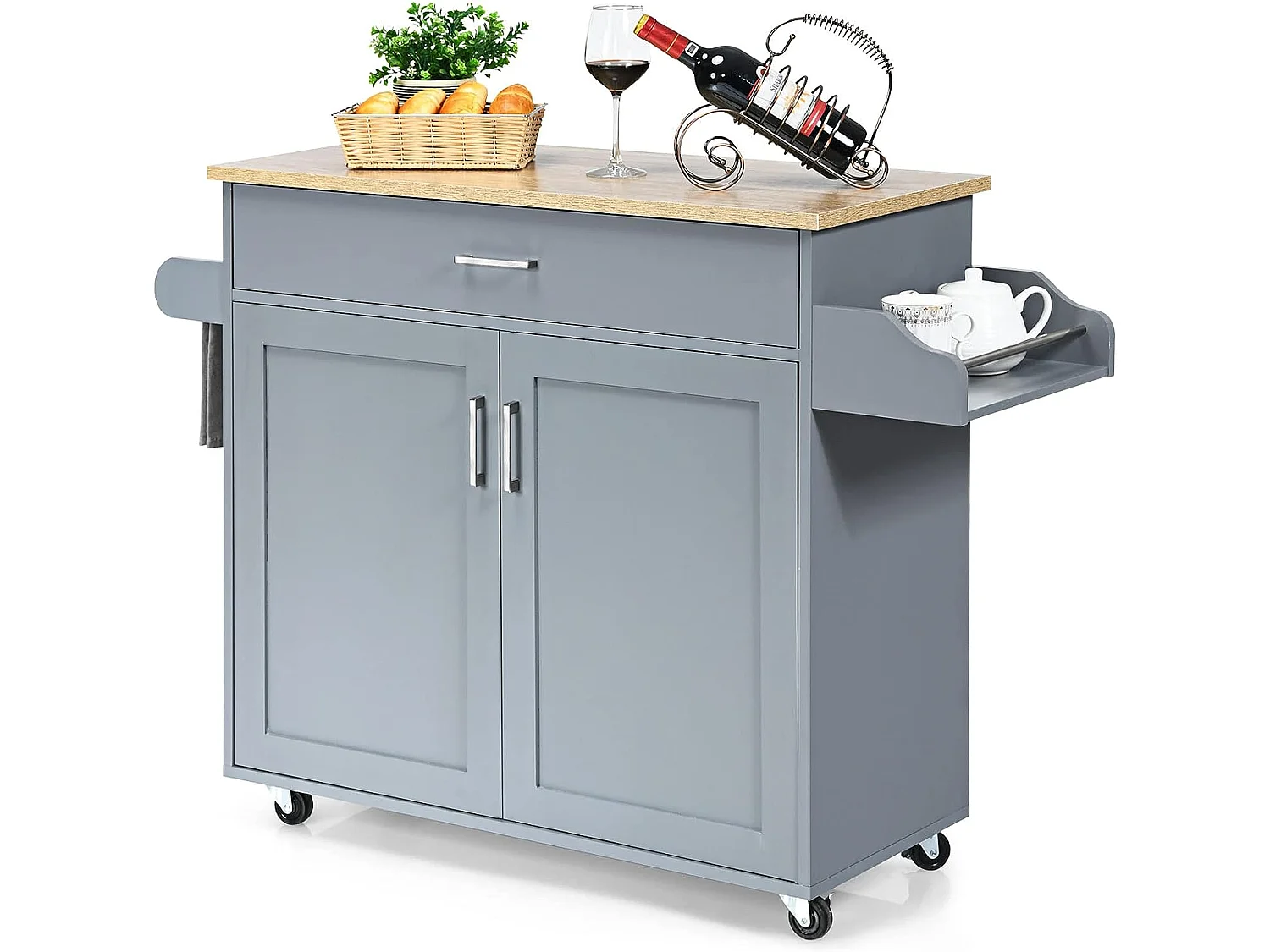 Küchenwagen mit Rollen, Servierwagen aus Holz, Rollwagen, Kücheninsel Küche, Kücheninselwagen Küchenschrank (Grau)