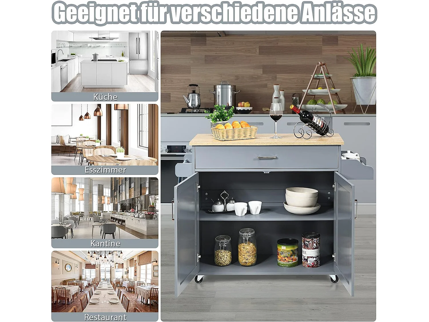 Küchenwagen mit Rollen, Servierwagen aus Holz, Rollwagen, Kücheninsel Küche, Kücheninselwagen Küchenschrank (Grau)