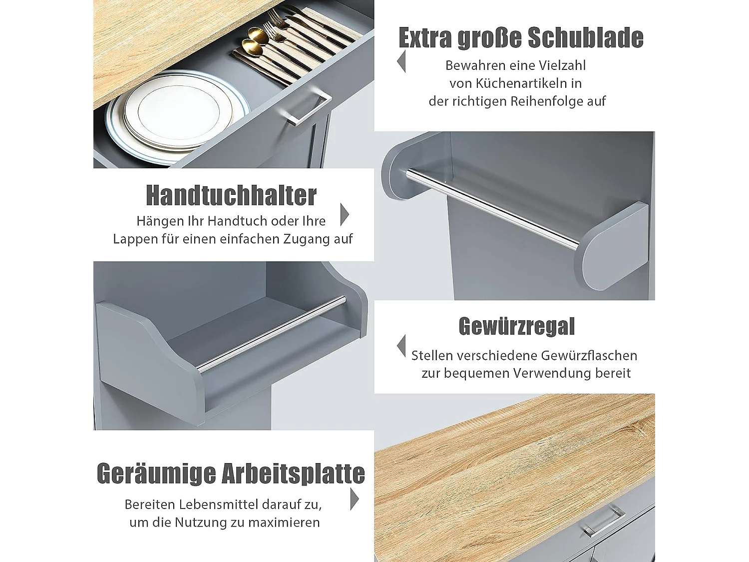 Küchenwagen mit Rollen, Servierwagen aus Holz, Rollwagen, Kücheninsel Küche, Kücheninselwagen Küchenschrank (Grau)