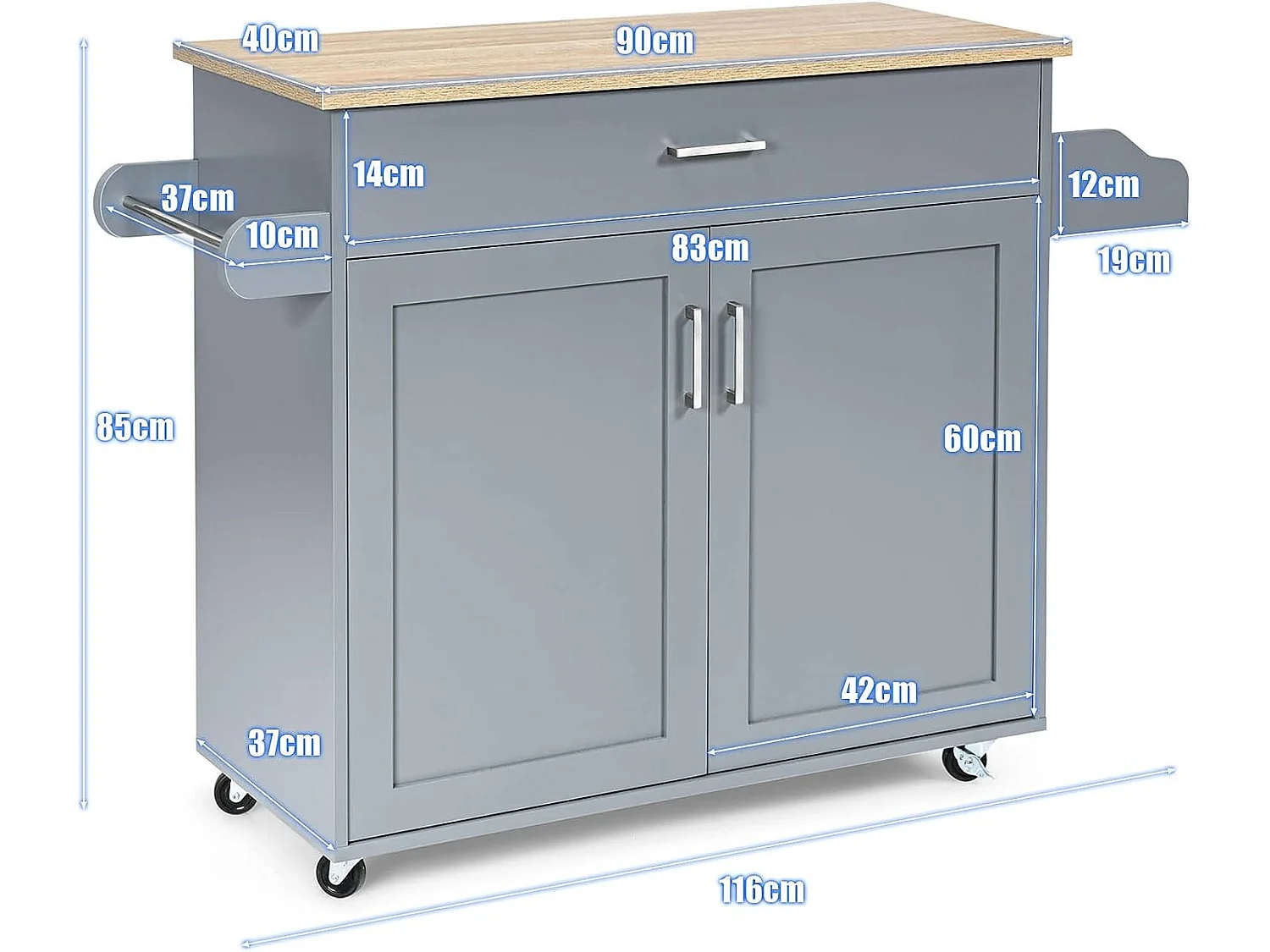 Küchenwagen mit Rollen, Servierwagen aus Holz, Rollwagen, Kücheninsel Küche, Kücheninselwagen Küchenschrank (Grau)