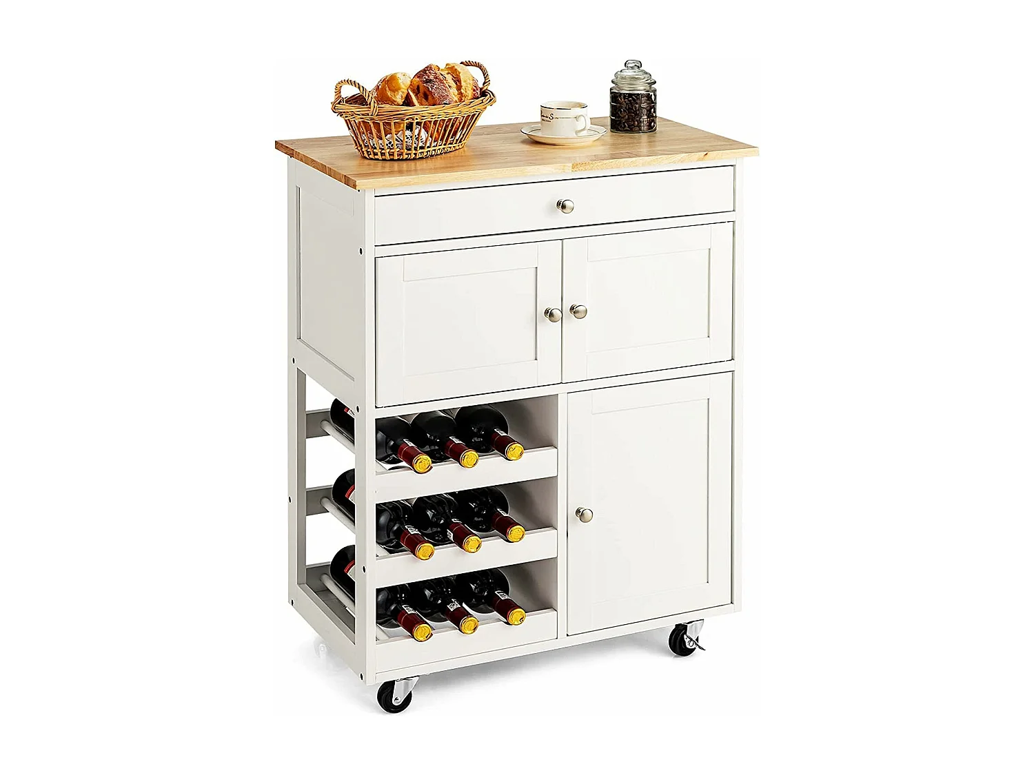 Servierwagen mit Schubladen und 3-stöckigem, Küchenwagen Küchenregal Rollwagen Holz weiß