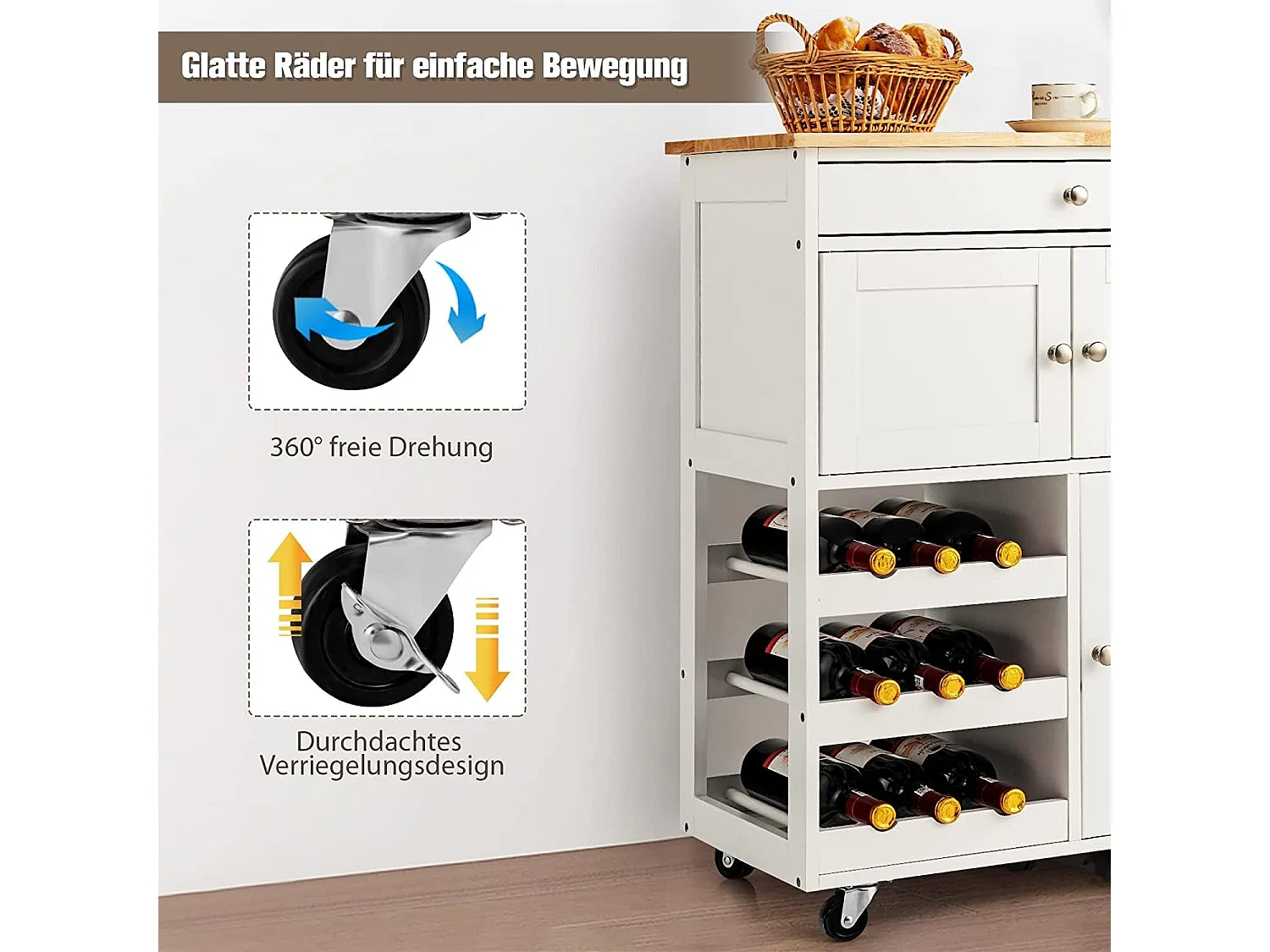 Servierwagen mit Schubladen und 3-stöckigem, Küchenwagen Küchenregal Rollwagen Holz weiß