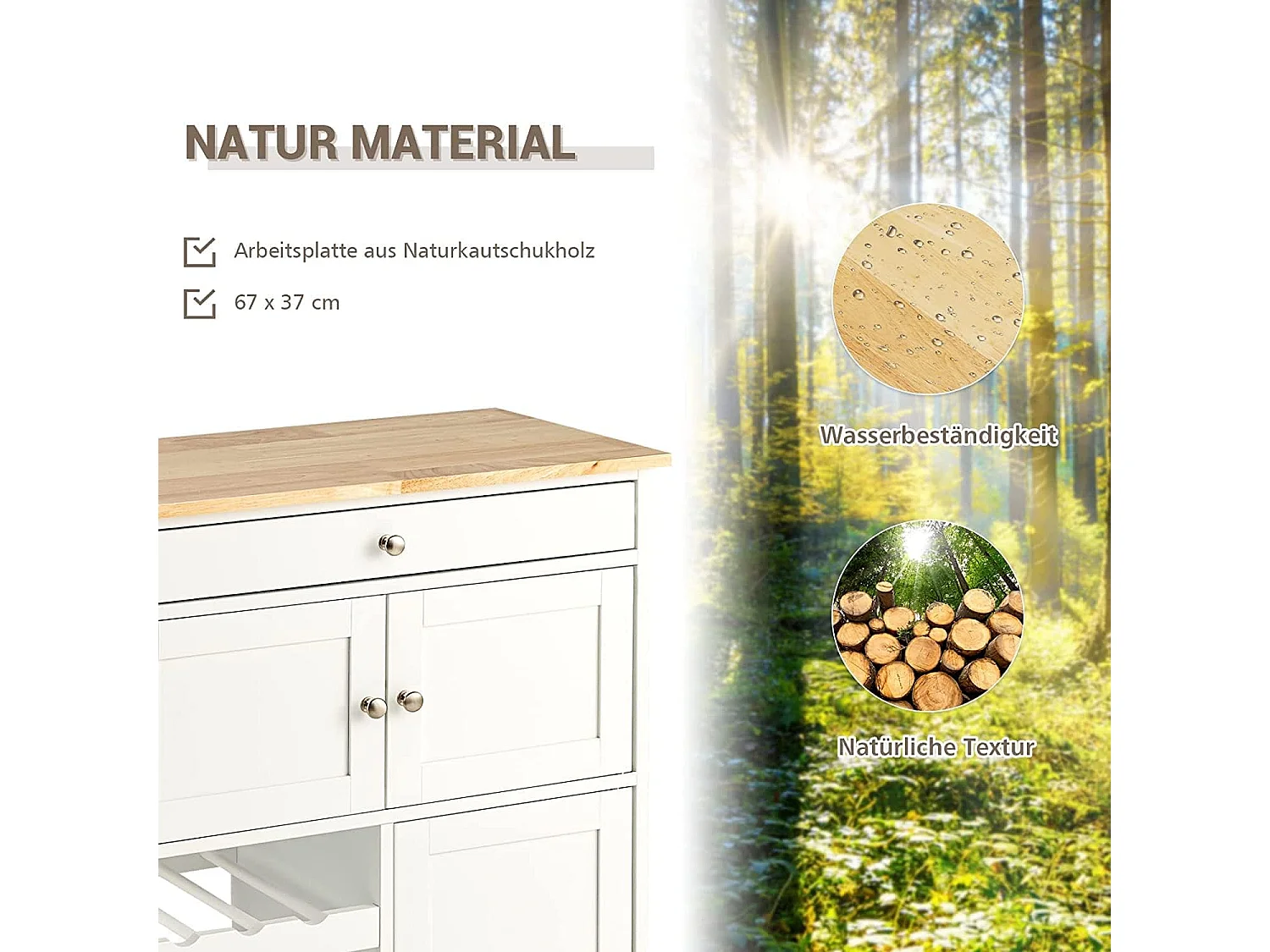 Servierwagen mit Schubladen und 3-stöckigem, Küchenwagen Küchenregal Rollwagen Holz weiß