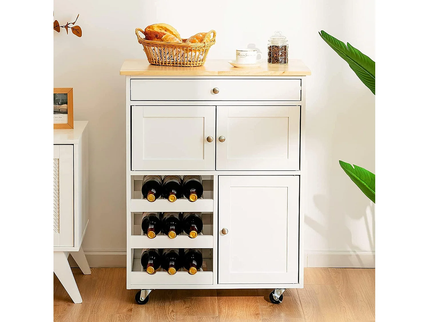 Servierwagen mit Schubladen und 3-stöckigem, Küchenwagen Küchenregal Rollwagen Holz weiß
