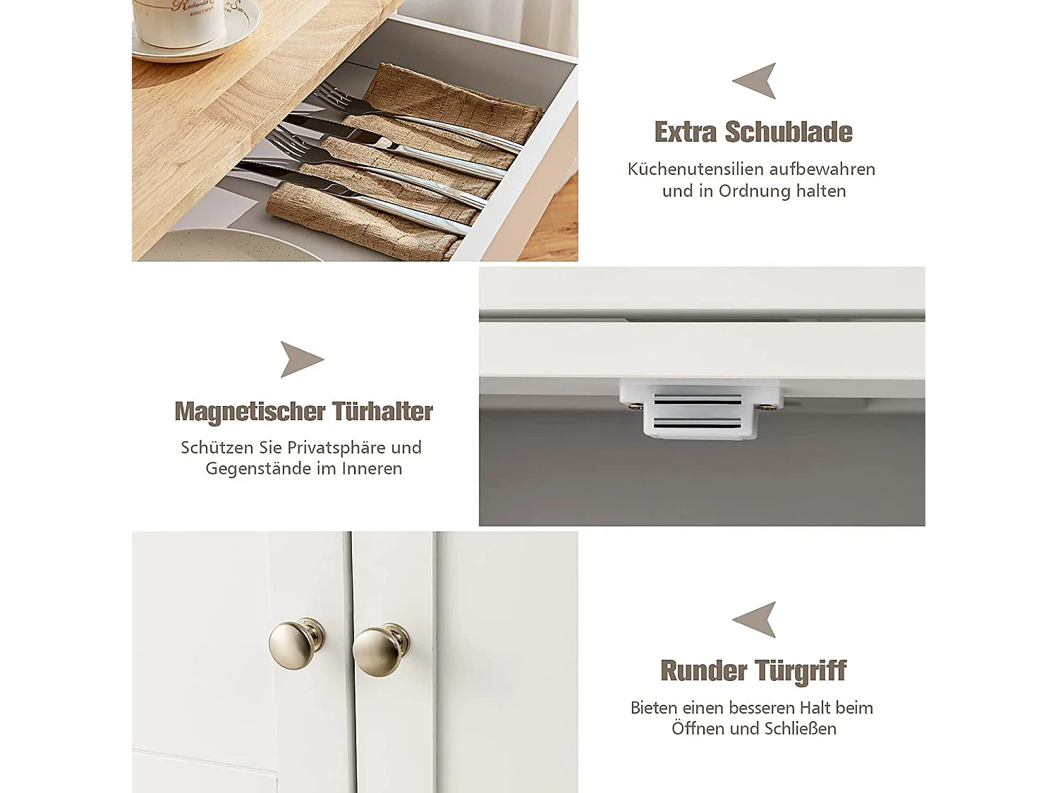 Servierwagen mit Schubladen und 3-stöckigem, Küchenwagen Küchenregal Rollwagen Holz weiß