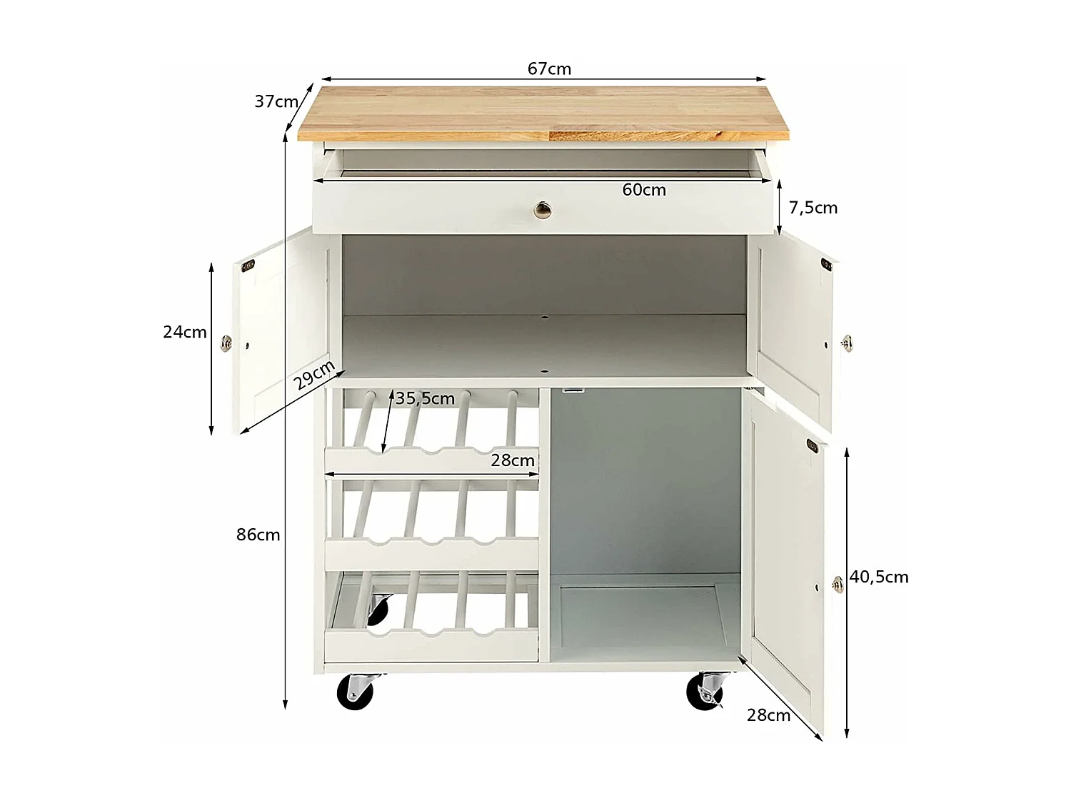 Servierwagen mit Schubladen und 3-stöckigem, Küchenwagen Küchenregal Rollwagen Holz weiß