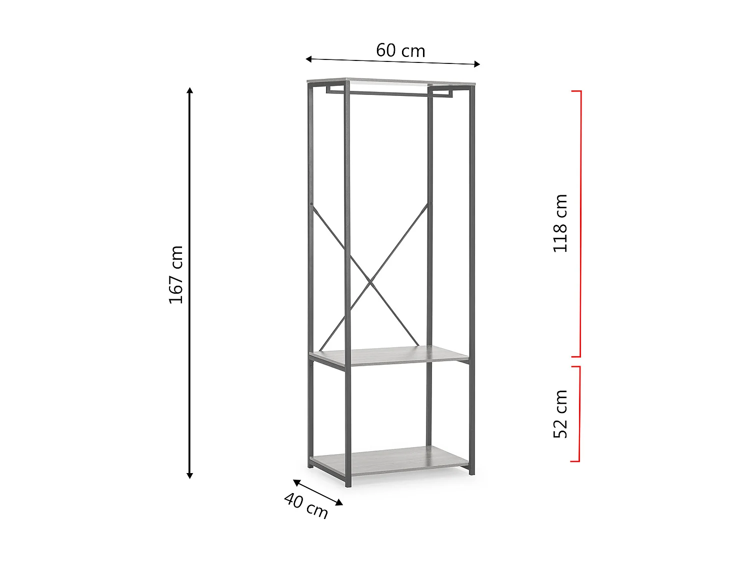 Armario vestidor Julia 2 estantes 1 Barra, Color Roble/Negro