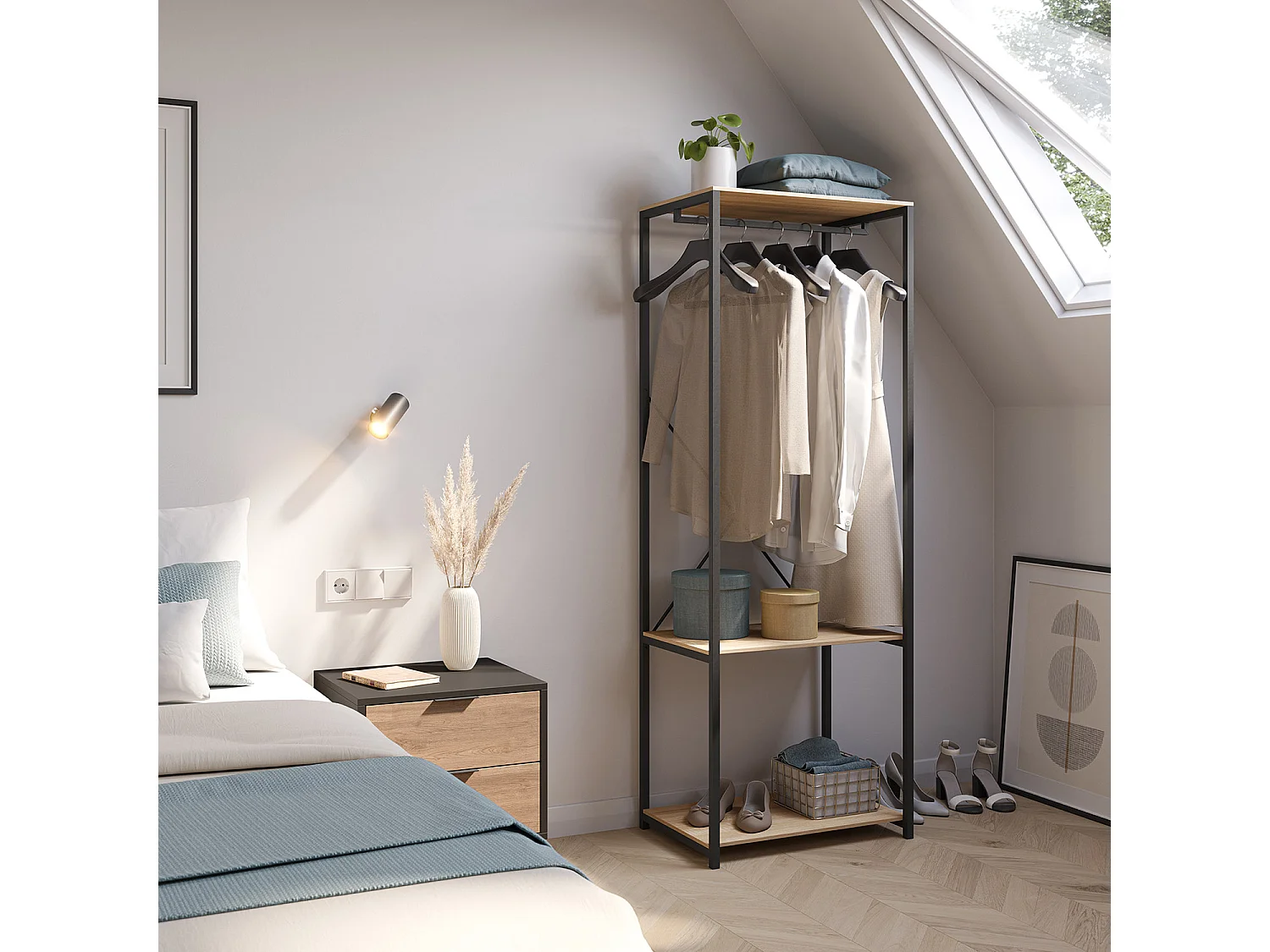 Cabina Armadio Julia 2 Ripiani 1 Barra, Colore Rovere/Nero