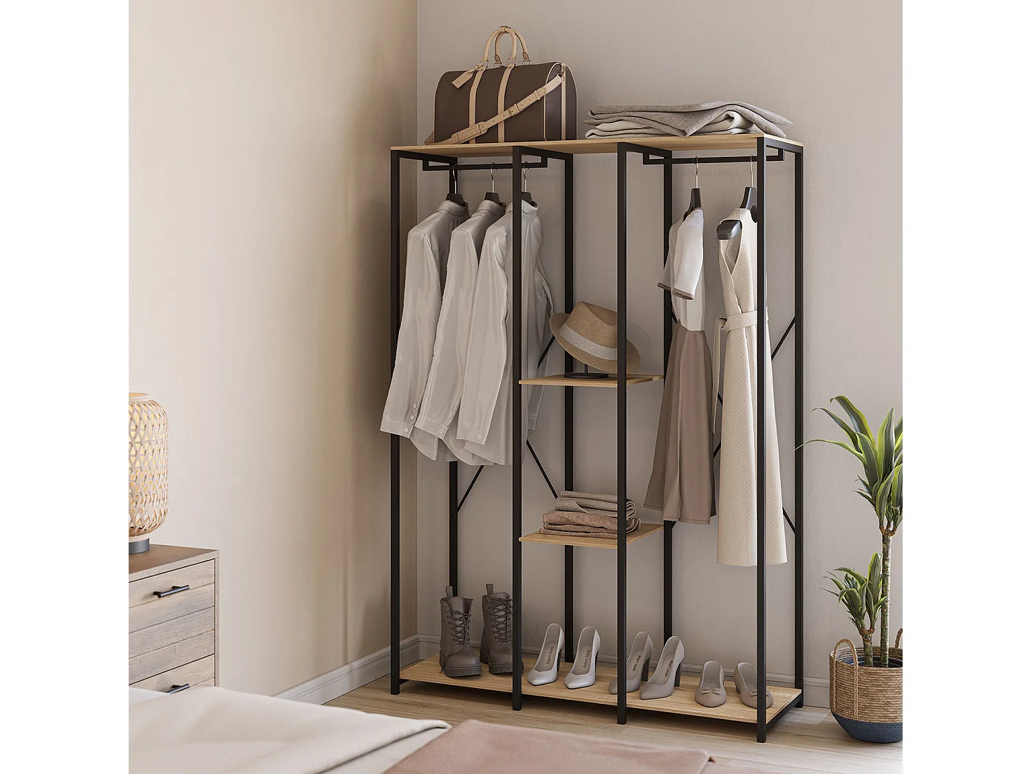 Cabina Armadio Jana 3 Ripiani 2 Barre, Colore Rovere/Nero