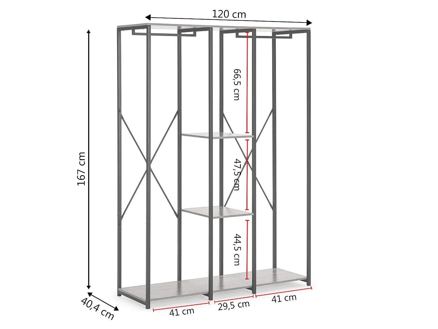 Armario vestidor Jana 3 estantes 2 Barras, Color Roble/Negro