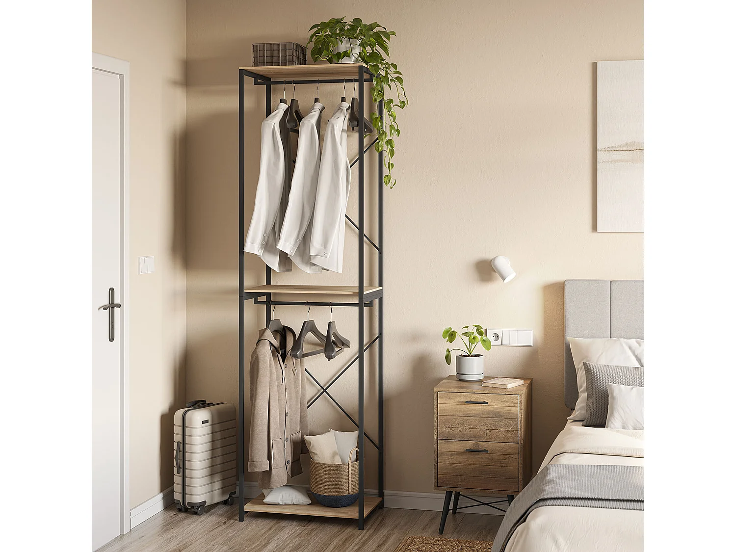 Armario vestidor Nerea 2 estantes 2 Barras, Color Roble/Negro