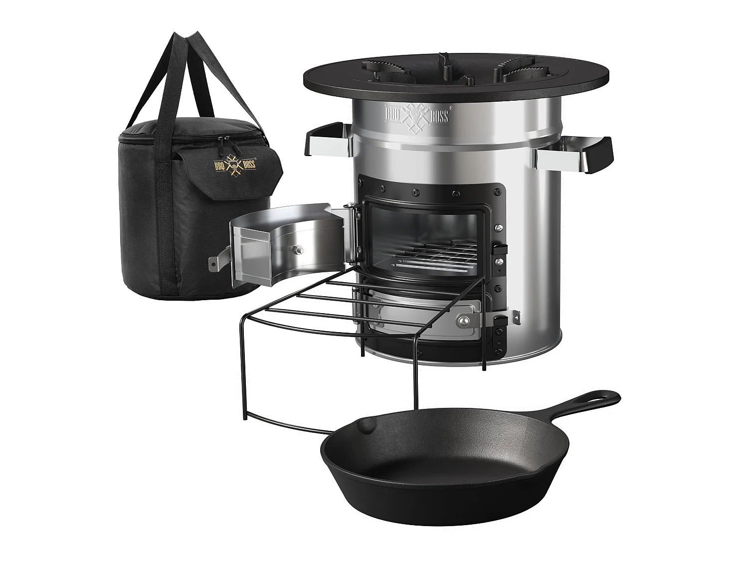 Four à fusée BBQ avec poêle grill en acier inoxydable argent + sac de transport