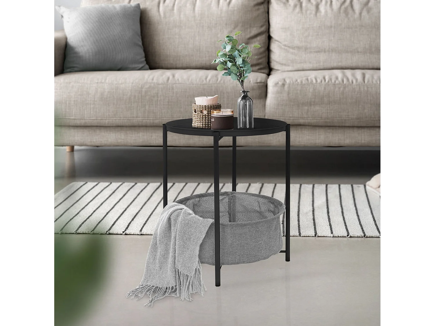 Mesa auxiliar con cesta Mesa de centro Mesa bandeja Mesa de sofá Metal Ø 43cm