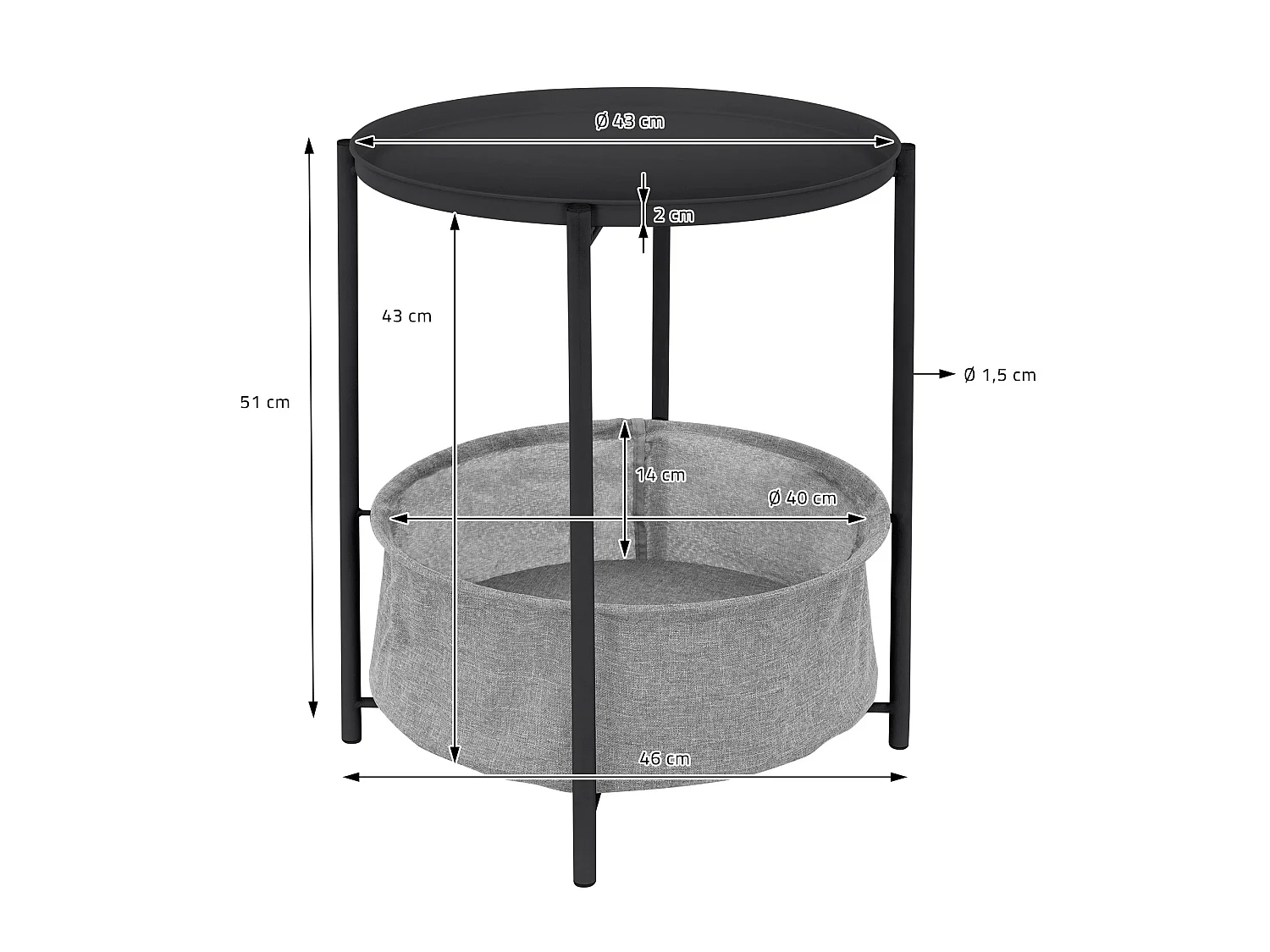 Mesa auxiliar con cesta Mesa de centro Mesa bandeja Mesa de sofá Metal Ø 43cm