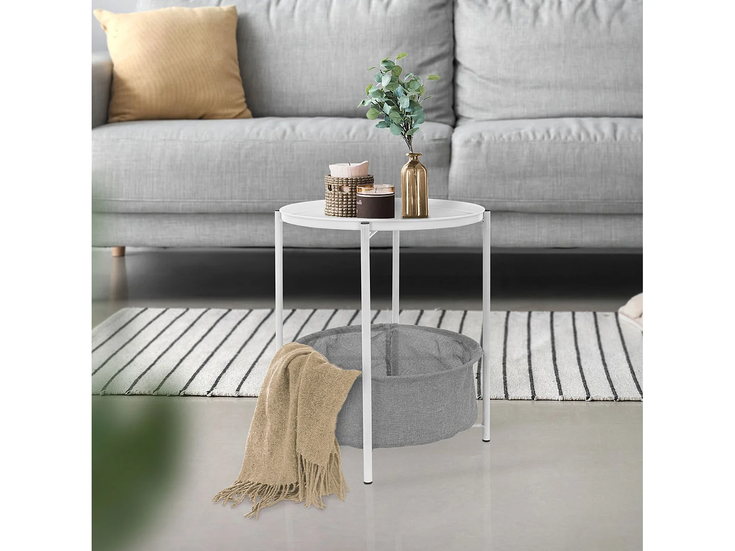 Table d'appoint blanc avec panier de rangement gris bout de canapé métal 43x51cm