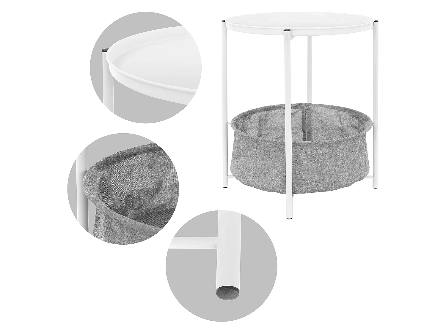 Table d'appoint blanc avec panier de rangement gris bout de canapé métal 43x51cm