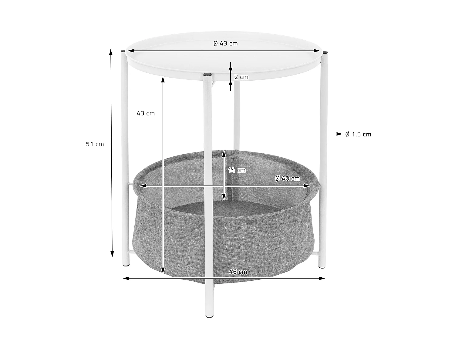 Table d'appoint blanc avec panier de rangement gris bout de canapé métal 43x51cm