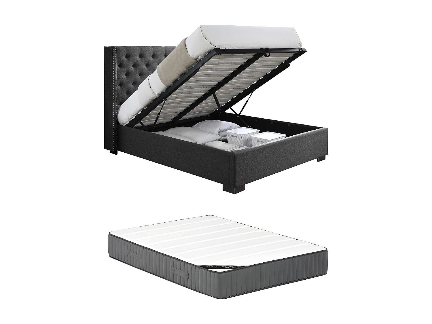 Sengeboks 160 x 200 cm med polstret sengegavl - Stof - Grå + Madras - MASSIMO