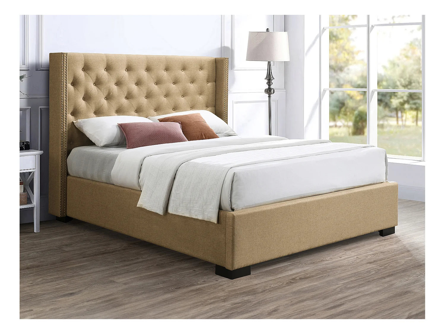 Letto con contenitore con Testata trapuntata + Materasso - 160 x 200 cm - Tessuto - Beige - MASSIMO