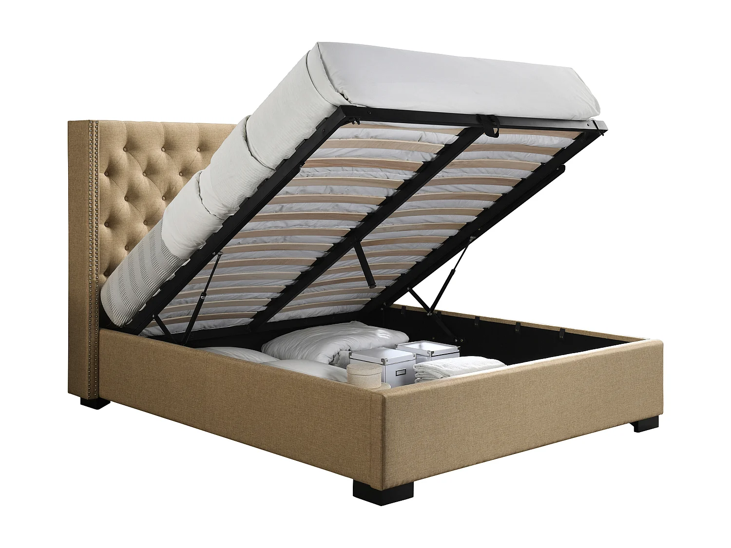 Bett mit Bettkasten mit gestepptem Kopfteil + Matratze - 160 x 200 cm - Stoff - Beige - MASSIMO