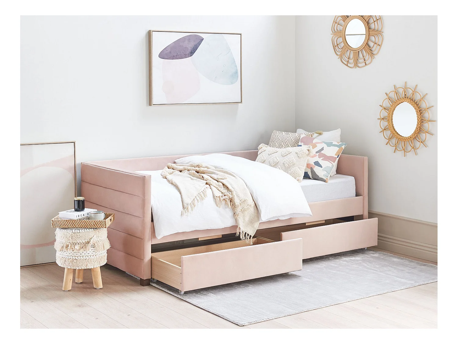 Lit de jour avec rangement Velours MARRAY 90 x 200 cm Rose pastel