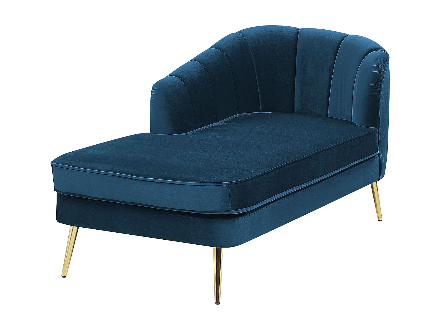 Chaiselongue Samt blau rechts mit Lehne Muschelform Metallbeine gold Glam Allier