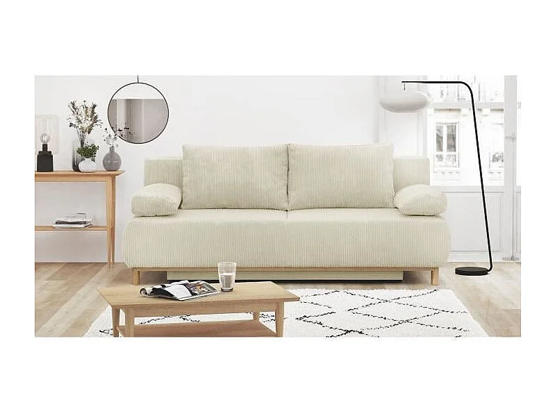 Divano Letto Convertibile 3 Posti MIKA in Velluto a Coste Beige con Contenitore