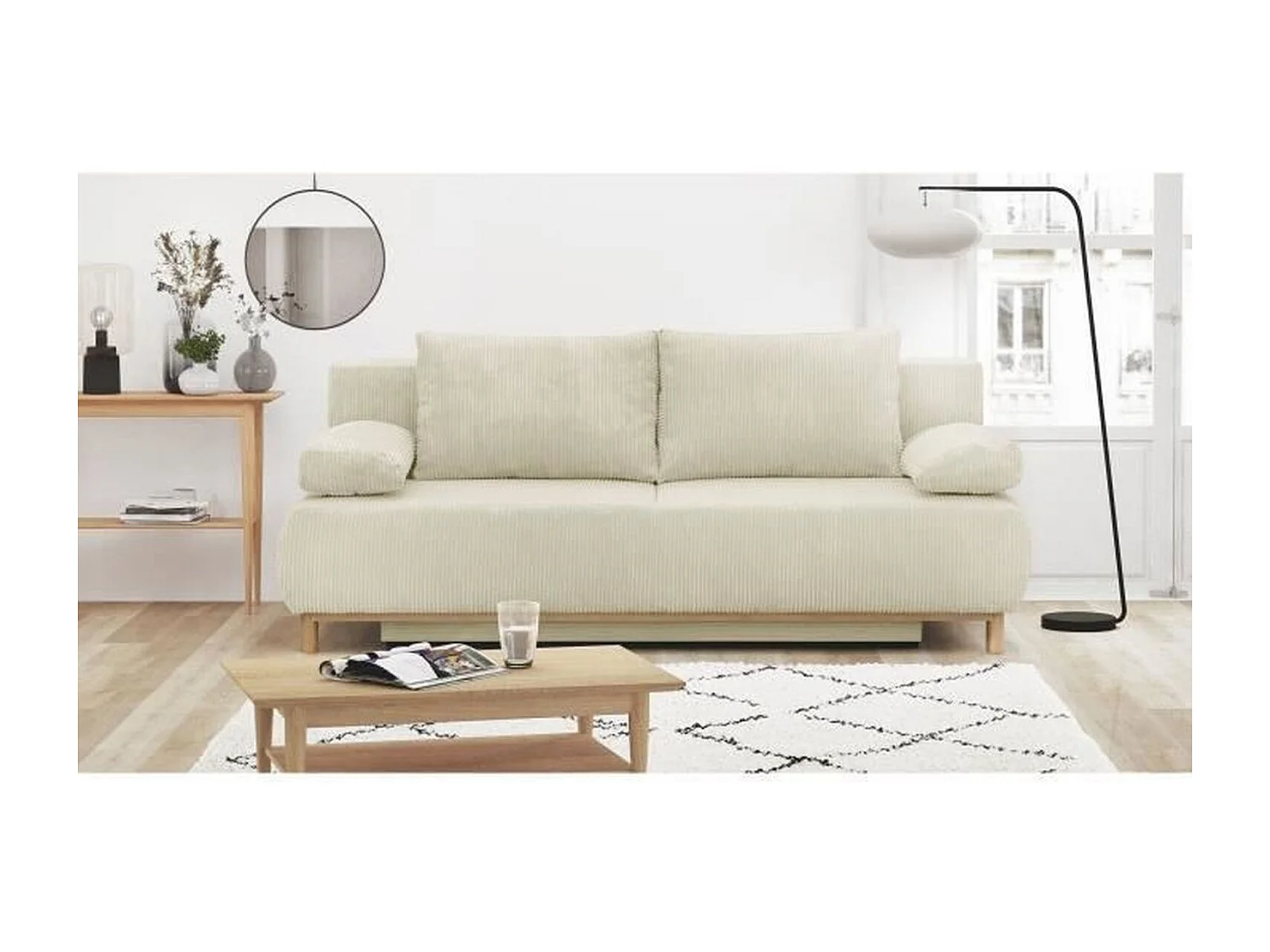 Sofá Cama Convertible 3 Plazas MIKA de Pana Beige con Almacenamiento