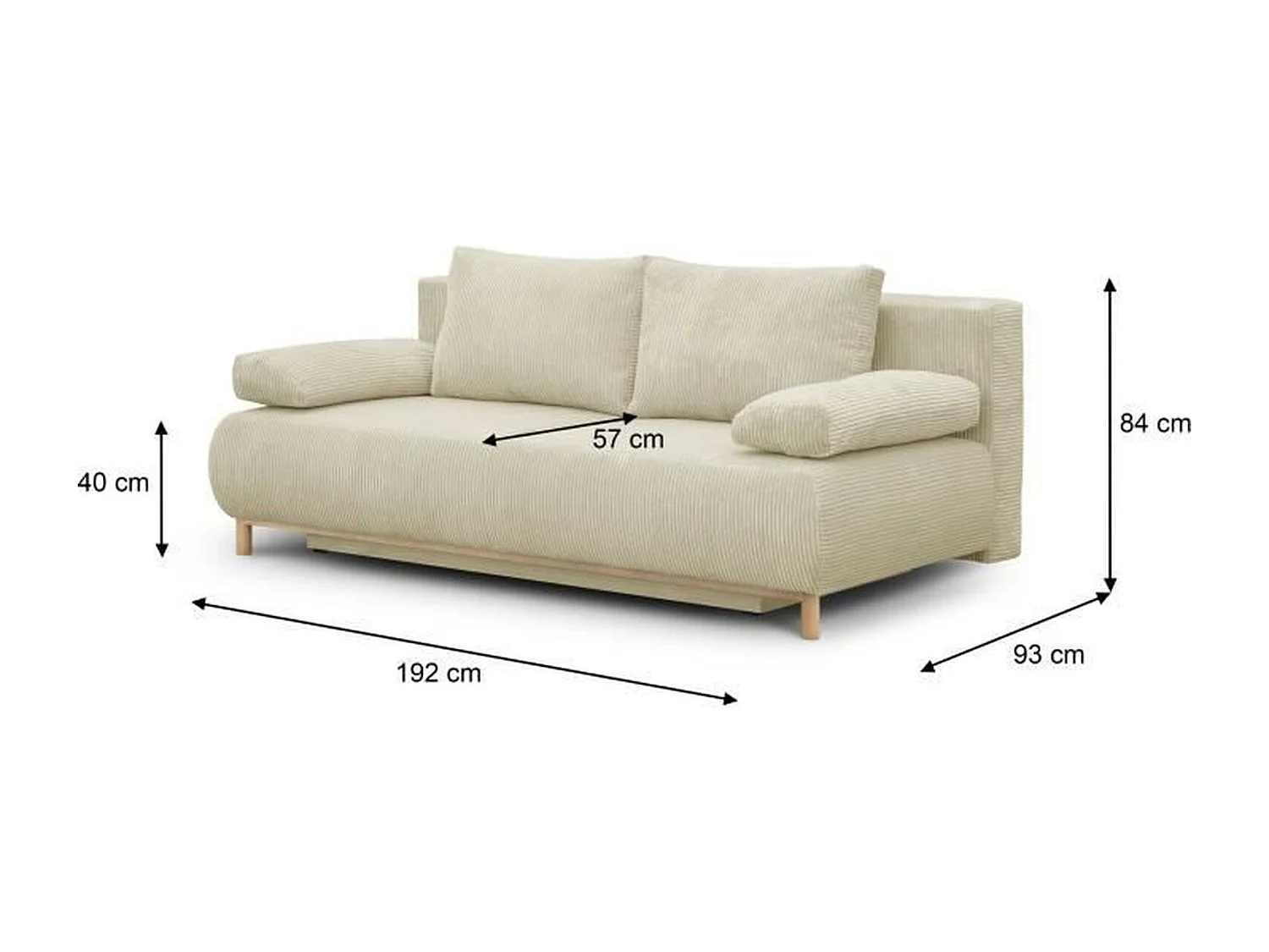 Banquette Convertible 3 Places MIKA Velours Côtelé Beige avec Coffre de Rangement