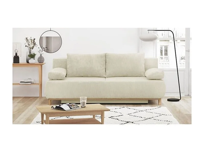 Banquette Convertible 3 Places MIKA Velours Côtelé Beige avec Coffre de Rangement