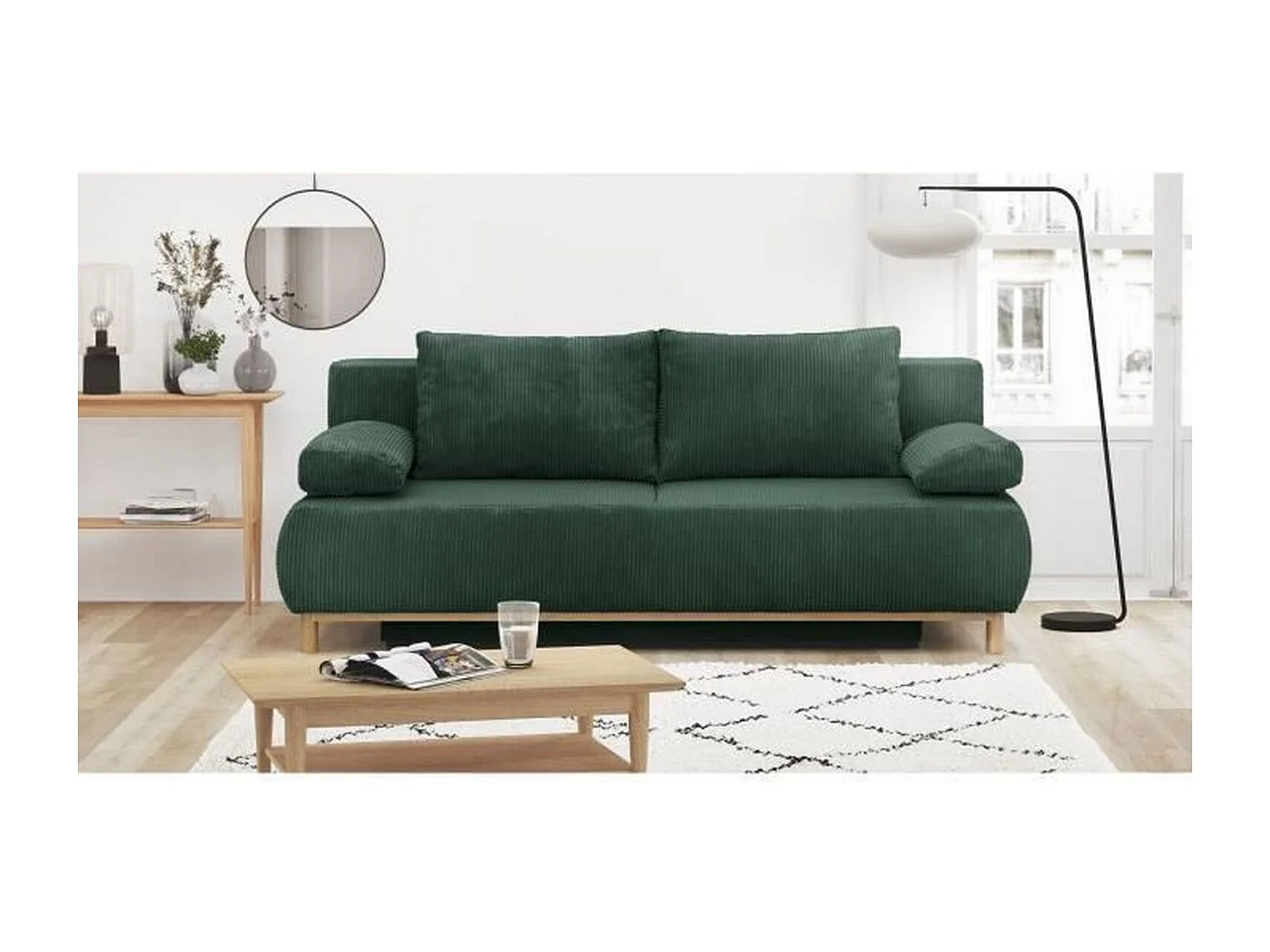 Bank Convertible 3 Plaatsen MIKA in Ribfluweel Groen Bos met Opbergruimte