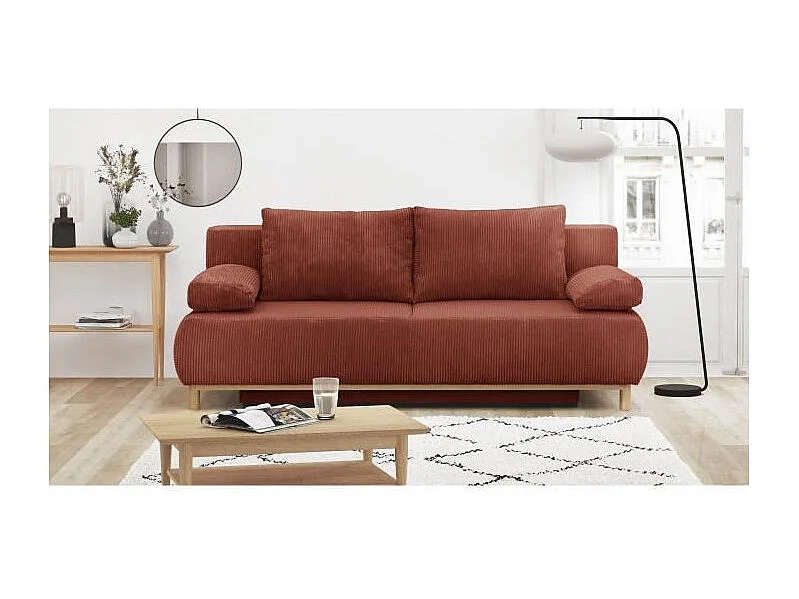 Banquette Convertible 3 Places MIKA Velours Côtelé Terracotta avec Coffre de Rangement