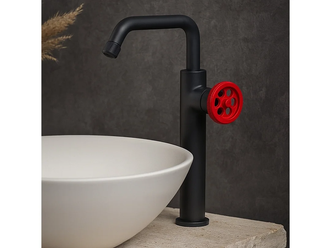 Indus Rubinetto per lavabo alto nero con leva rossa Essebagno