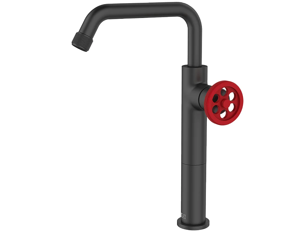 Indus Waschbeckenmischer hoch schwarz und roter Griff Essebagno