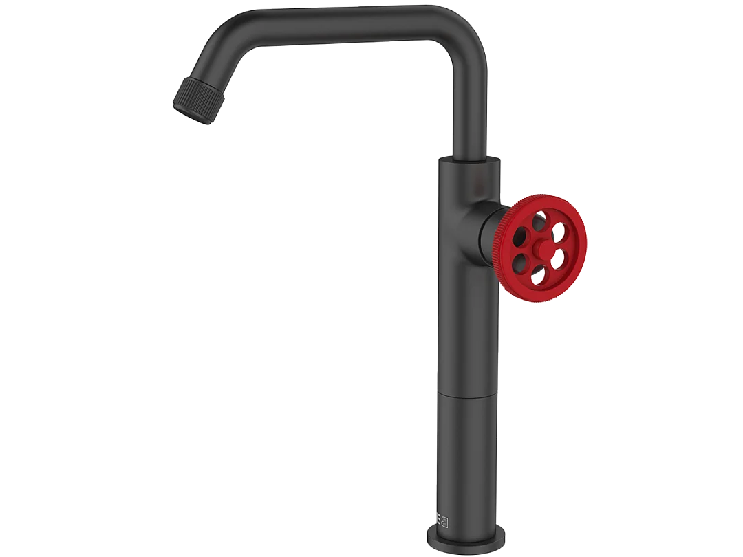 Indus Waschbeckenmischer hoch schwarz und roter Griff Essebagno