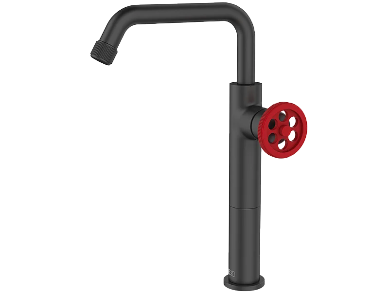 Indus Waschbeckenmischer hoch schwarz und roter Griff Essebagno