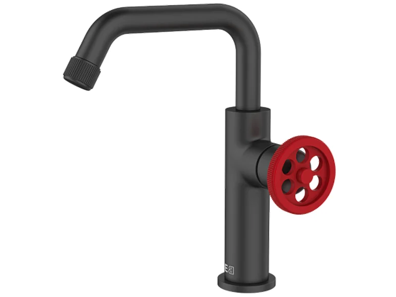 Indus Grifo de lavabo bajo negro con palanca roja Essebagno