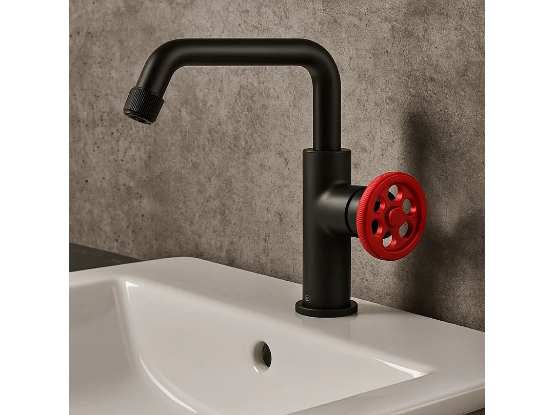 Indus niedriger Waschbeckenmischer schwarz und roter Griff Essebagno