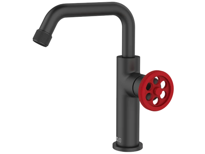 Indus niedriger Waschbeckenmischer schwarz und roter Griff Essebagno