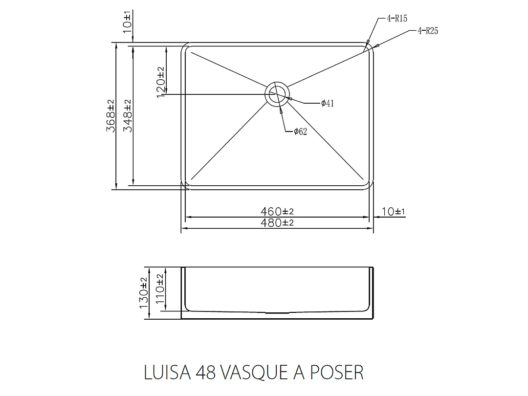 Luisa waschbecken 48x37 aus Edelstahl metallic-Grau Essebagno