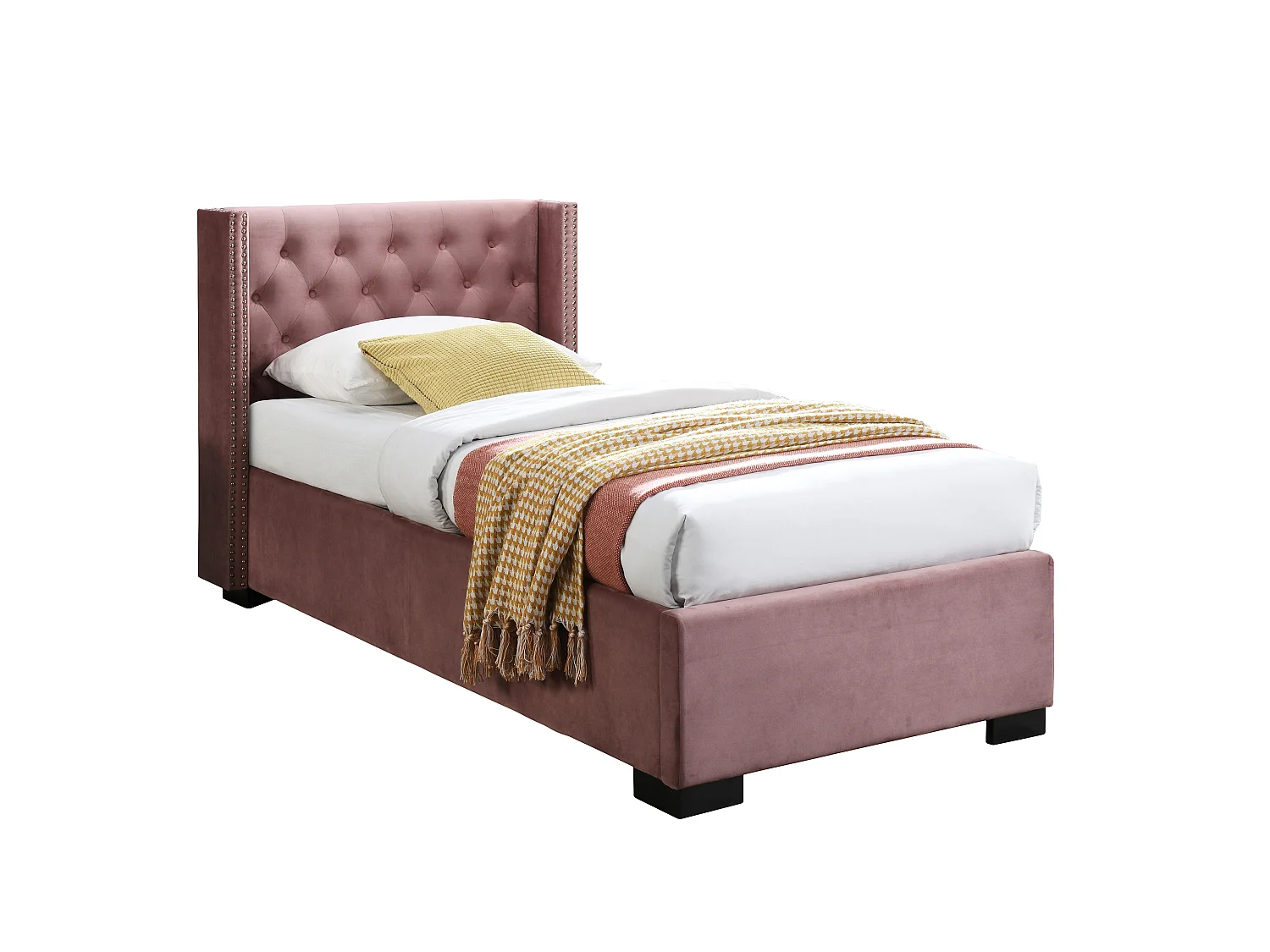 Bett mit Bettkasten + Matratze - 90 x 200 cm - gestepptes Kopfteil - Samt - Rosa - MASSIMO
