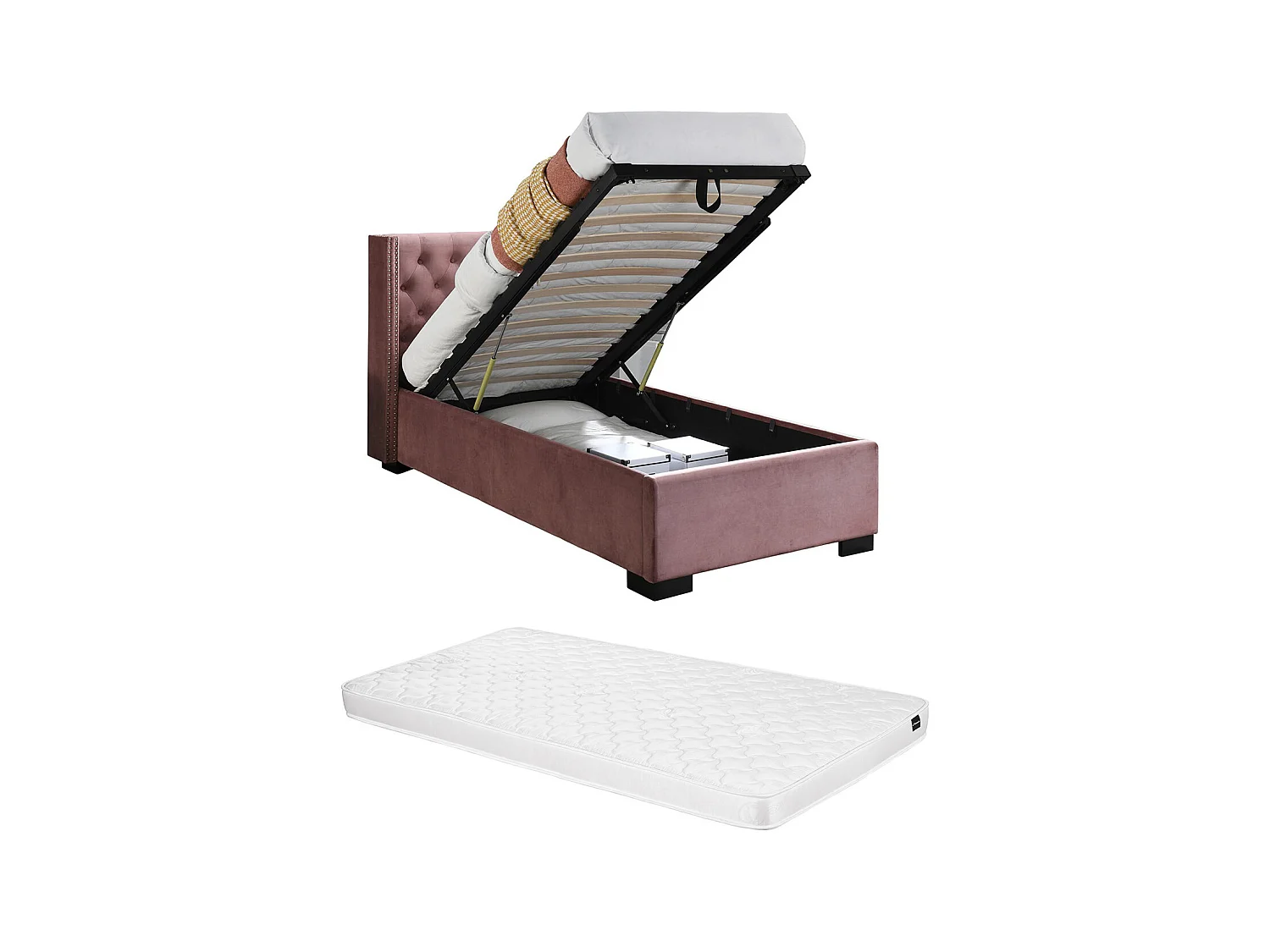 Bett mit Bettkasten + Matratze - 90 x 200 cm - gestepptes Kopfteil - Samt - Rosa - MASSIMO