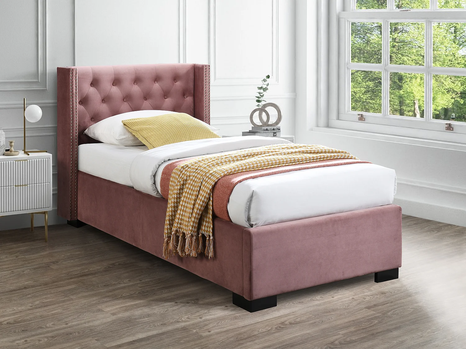 Bett mit Bettkasten + Matratze - 90 x 200 cm - gestepptes Kopfteil - Samt - Rosa - MASSIMO