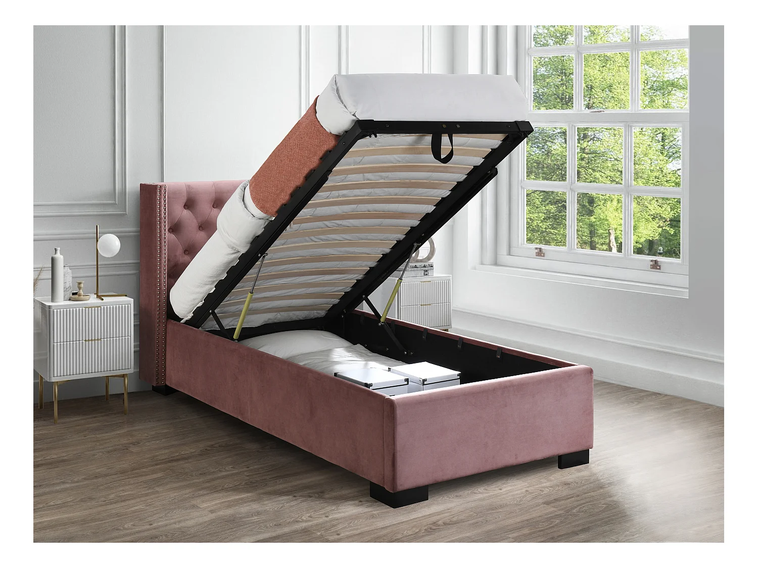 Cama con arcón de 90 x 200 cm con cabecero tapizada - Terciopelo - Rosa + Colchón - MASSIMO