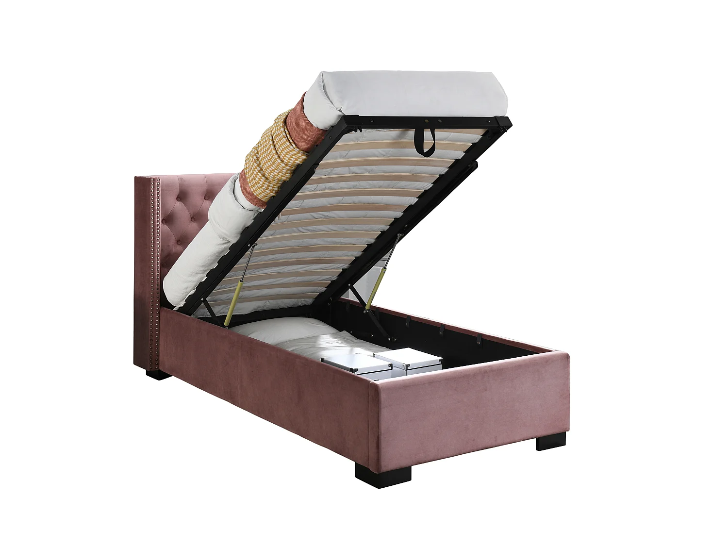 Cama con arcón de 90 x 200 cm con cabecero tapizada - Terciopelo - Rosa + Colchón - MASSIMO