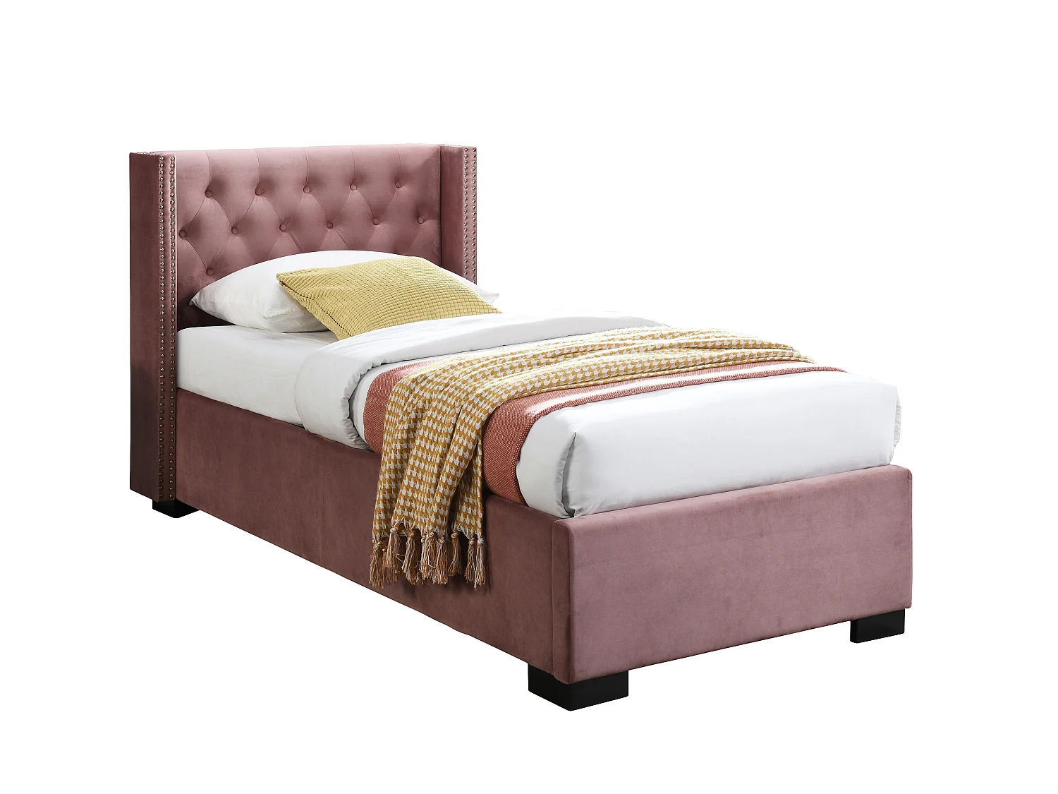 Bed met opbergruimte – 90 x 200 cm – Met gecapitonneerd hoofdbord – Fluweel – Roze – Met matras – MASSIMO