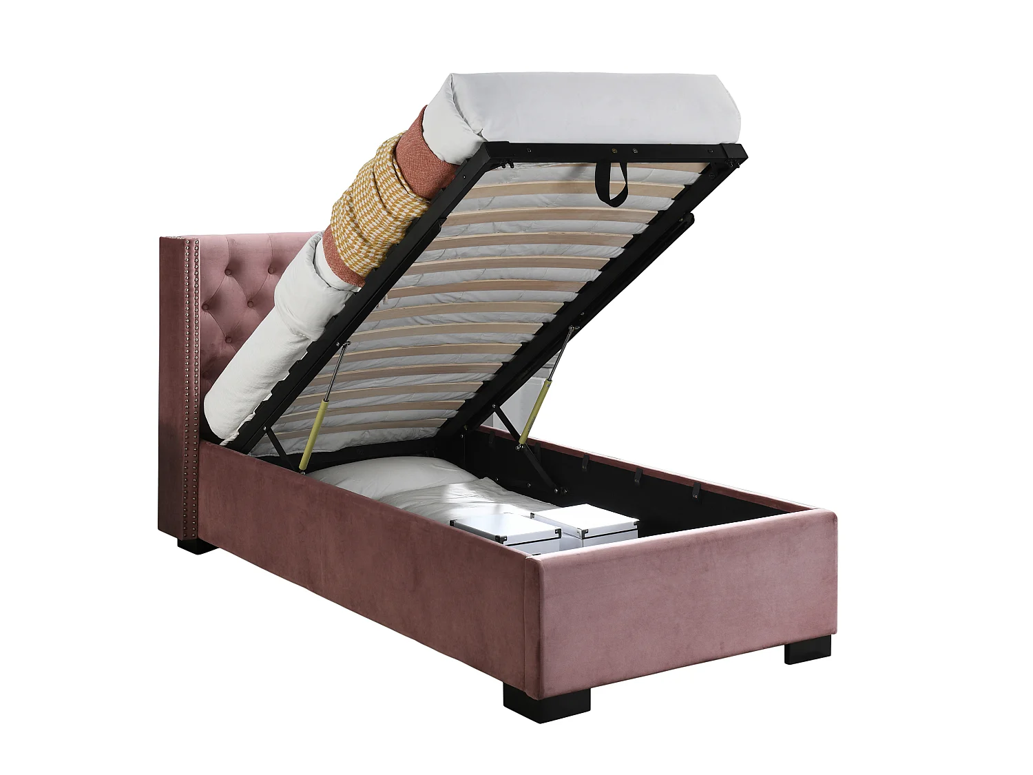 Bed met opbergruimte – 90 x 200 cm – Met gecapitonneerd hoofdbord – Fluweel – Roze – Met matras – MASSIMO